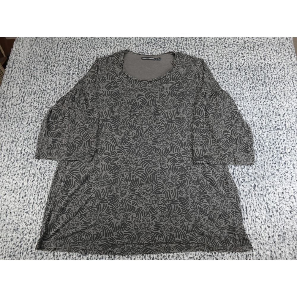 Gudrun Sjoden Tunic Top Womens XL Grey Floral Tiered Bell Sleeve Scandi